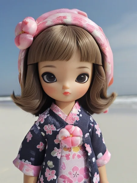 (Toon kids:1.5) a little MRkokeshiSakura full body doll <lora:MRkokeshiSakura:1> (at the beach:1.4)