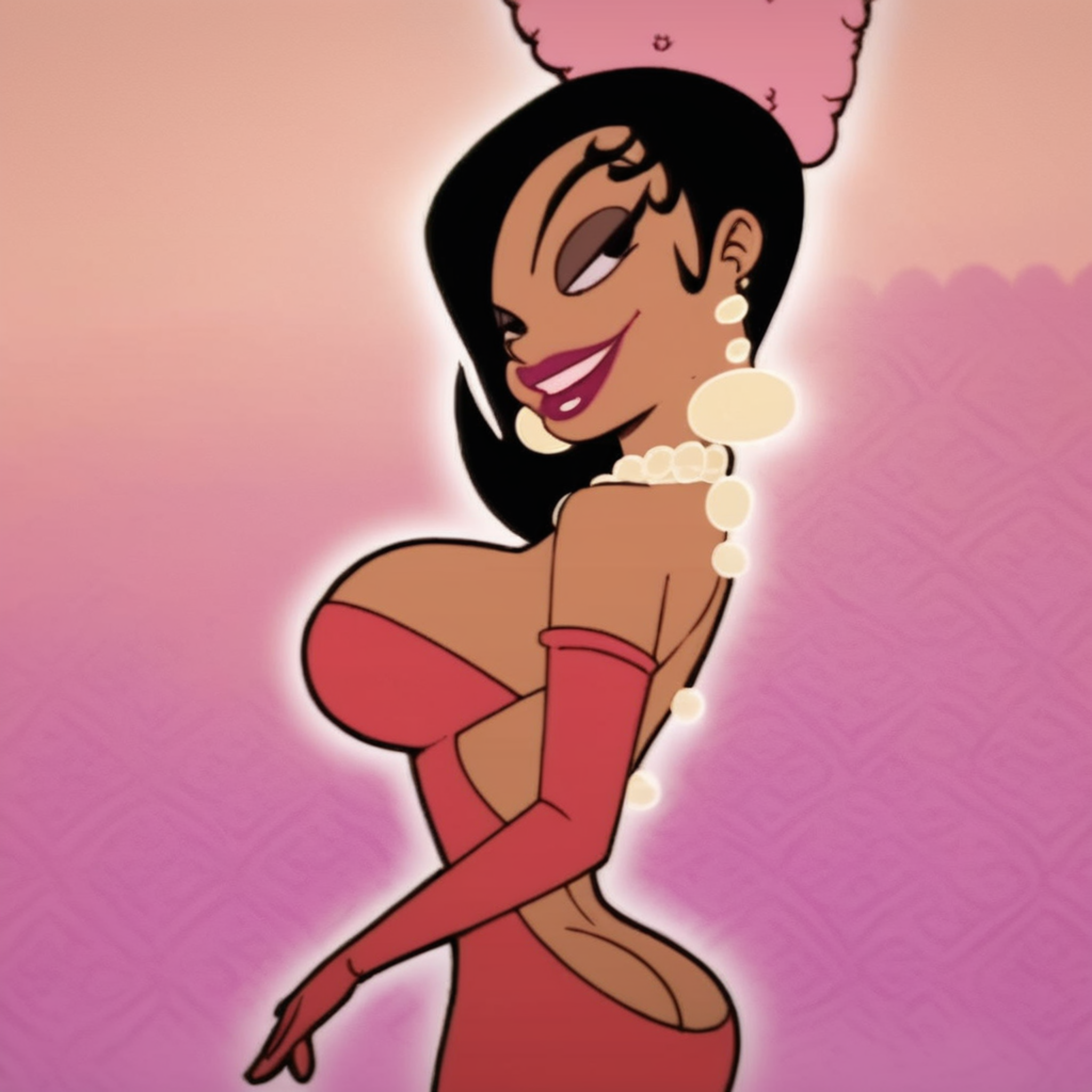 score_9, score_8_up, score_7_up, 1girl, breasts, dress, solo, gloves, black hair, butt crack, elbow gloves, makeup, lipstick, jewelry, large breasts, dark skin, red gloves, smile, red dress, dark-skinned female, backless outfit, necklace, England background, earrings, long hair,