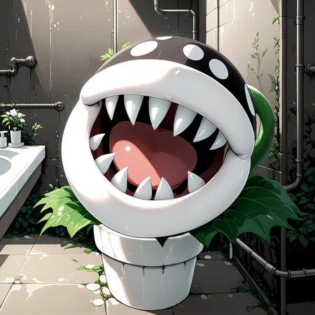 PiranhaPlantXL, black plant, spots, white lips, fangs, bathroom pipes,  <lora:PiranhaPlantXL:1>, [white flower pot], (anime, masterpiece, intricate:1.3), (best quality, hires textures, high detail:1.2), (4k),(incredibly detailed:1.4),UHD, 8K, ultra detailed