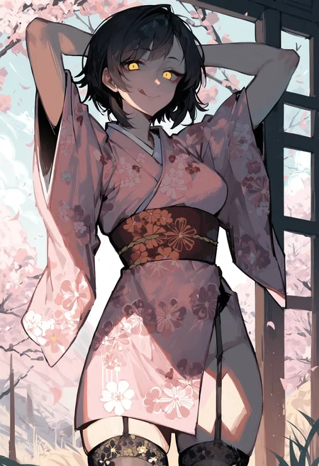 score_9, score_8_up, score_7_up,
1girl, yellow eyes, solo, black hair, short hair, detailed eyes,
smile, seductive, :P, tongue out,
pink kimono, japanese clothes, floral print, stockings,
arms up, arms behind head, cowboy shot, looking at viewer,
outside,
<lora:oh.kurrva-_style:1>,ohkurrva