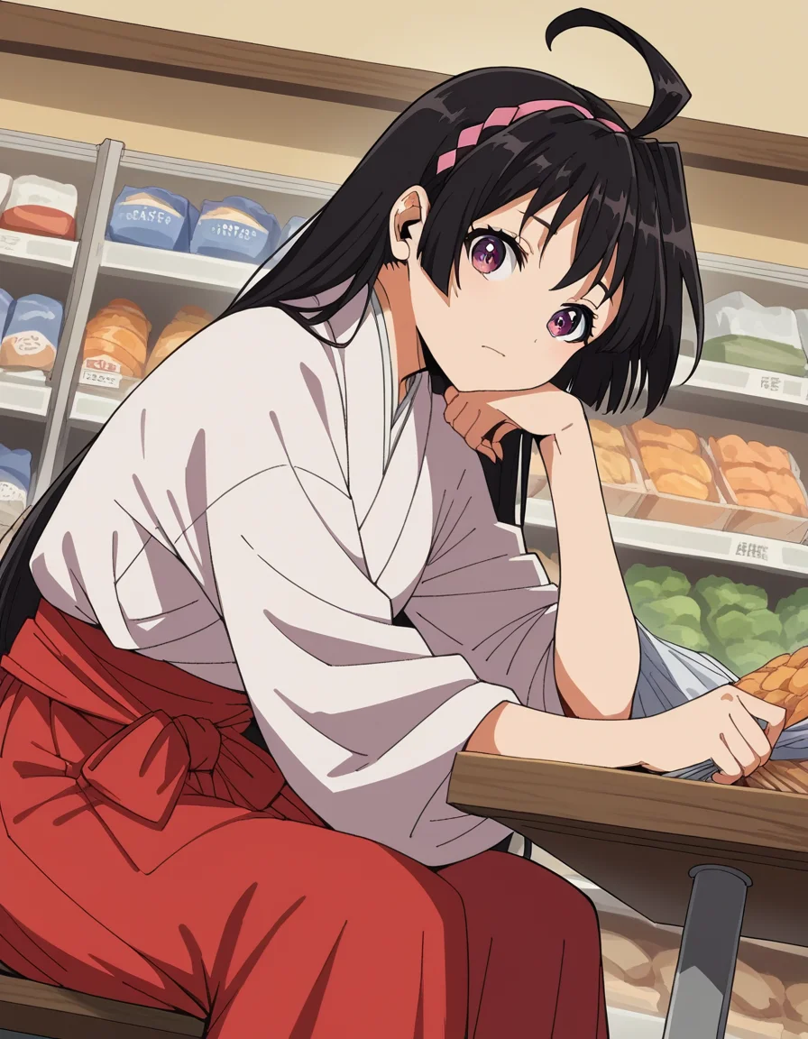 score_9, score_8_up, score_7_up, source_anime, <lora:ayako-mochizuki-s1-ponyxl-lora-nochekaiser:1>, ayako mochizuki, long hair, black hair, purple eyes, ahoge, hairband,, skirt, japanese clothes, hakama, miko, red hakama,, grocery store, cashier, shopping bag, scanning items, small talk, everyday routine, , looking at viewer, sitting, elbow rest, table,, solo,, cowboy shot, dutch angle