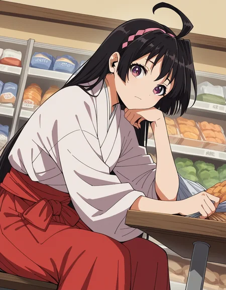 score_9, score_8_up, score_7_up, source_anime, <lora:ayako-mochizuki-s1-ponyxl-lora-nochekaiser:1>, ayako mochizuki, long hair, black hair, purple eyes, ahoge, hairband,, skirt, japanese clothes, hakama, miko, red hakama,, grocery store, cashier, shopping bag, scanning items, small talk, everyday routine, , looking at viewer, sitting, elbow rest, table,, solo,, cowboy shot, dutch angle