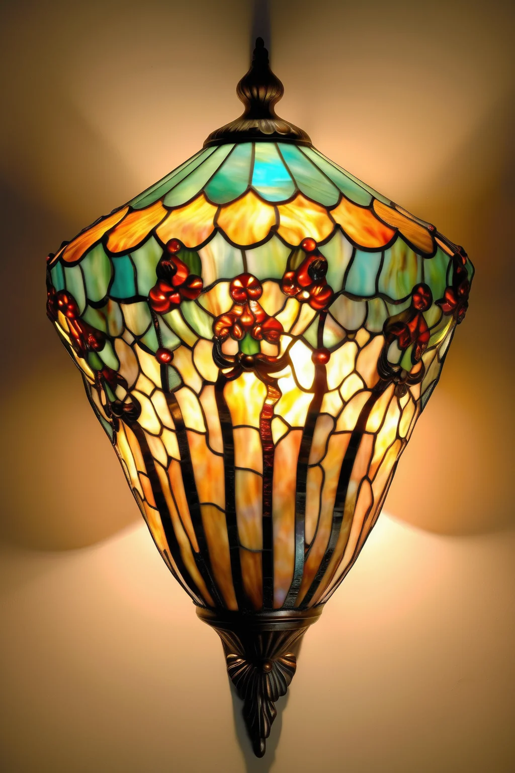<lora:Louis Comfort Tiffany Style:1>Louis Comfort Tiffany Style - an elaborate beautiful tiffany style, stained glass wall sconce, with shades facing downwards in the style of louis comfort tiffany. The sconce should be colorful, vintage and ornate and have clearly defined stained glass borders that will be easy to replicate as a pattern. The sconce shade should face downwards