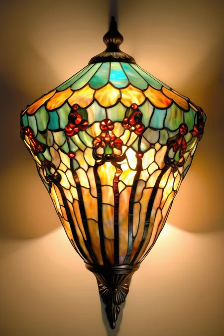 <lora:Louis Comfort Tiffany Style:1>Louis Comfort Tiffany Style - an elaborate beautiful tiffany style, stained glass wall sconce, with shades facing downwards in the style of louis comfort tiffany. The sconce should be colorful, vintage and ornate and have clearly defined stained glass borders that will be easy to replicate as a pattern. The sconce shade should face downwards