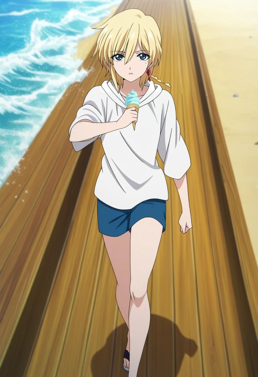 masterpiece, best quality, , anime screencap, anime coloring, official style, looking at viewer, 1boy, solo, male focus, <lora:titus_alexius_ilxl:1>, titus_alexius, blonde hair, blue eyes, short hair, braid, mole under eye, earrings, , beach boardwalk, wooden planks, crashing waves, ice cream stalls, walking pose, carefree expression, sunny day,