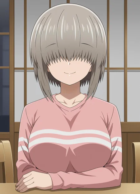 yanagi,1girl,solo,short hair,grey hair,hair over eyes,long bangs,large breasts,
shirt,upper body,looking at viewer,indoors,smile,<lora:Yanagi_Uzaki-Uzaki-chan_wa_Asobitai:0.85>