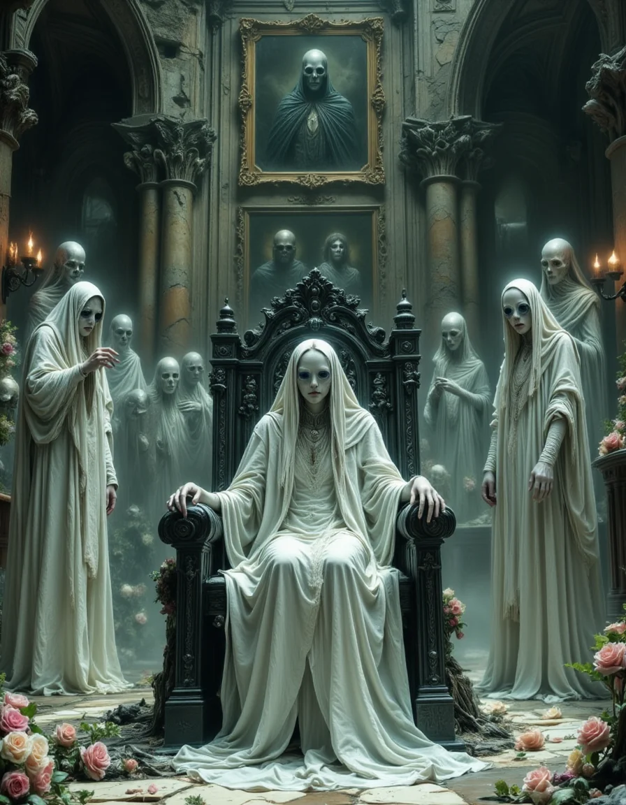 The Pale Queenâs Forbidden Court A pale, spectral queen, draped in flowing, ghostly white robes, sits upon a throne carved from pure obsidian, her hollow silver eyes gleaming with ancient knowledge. Her kingdom is one of twilight and mist, a vast, crumbling palace where the walls seem to breathe, adorned with portraits of long-dead rulers whose eyes still watch. Around her, ethereal courtiers, their faces hidden beneath ornate silver masks, float in eerie silence, their forms flickering like candlelight. The air is thick with the scent of wilted roses and old parchment, as if time itself has withered in her presence. A faint, distant harpsichord melody drifts through the halls, yet no hands touch the keys. The atmosphere is elegant, gothic, and haunting, portraying a realm caught between life and death, ruled by an eternal sovereign.
<lora:dark-fantasy-flux:1>