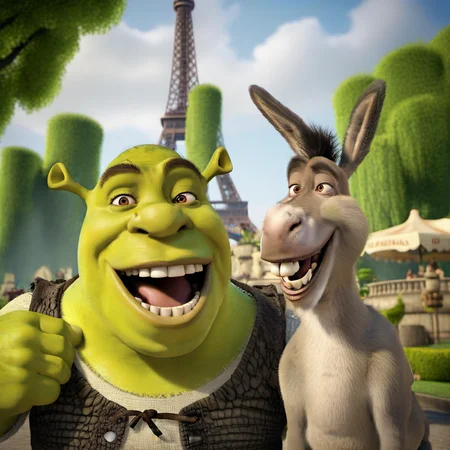 cinematic photo a smiling donkey take a selfie with shrek in front of the effeil tower <lora:Donkey1024:0.8> . 35mm photograph, film, bokeh, professional, 4k, highly detailed
