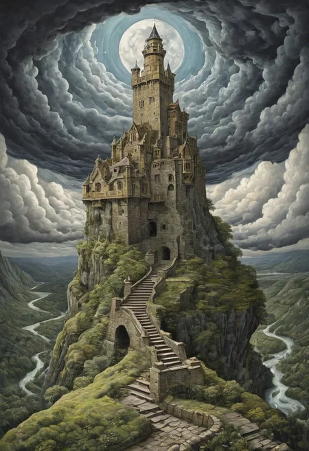 otclillsn, art by escher, In stormy weather, a resilient castle emerges as storm clouds part, revealing a bright, spectral-colored sky. An ancient stone staircase, overgrown with moss, spirals upward in an Escheresque illusion. Blue clouds adorn the detailed ascent, leading to a majestic castle perched atop, transcending the tempest below.