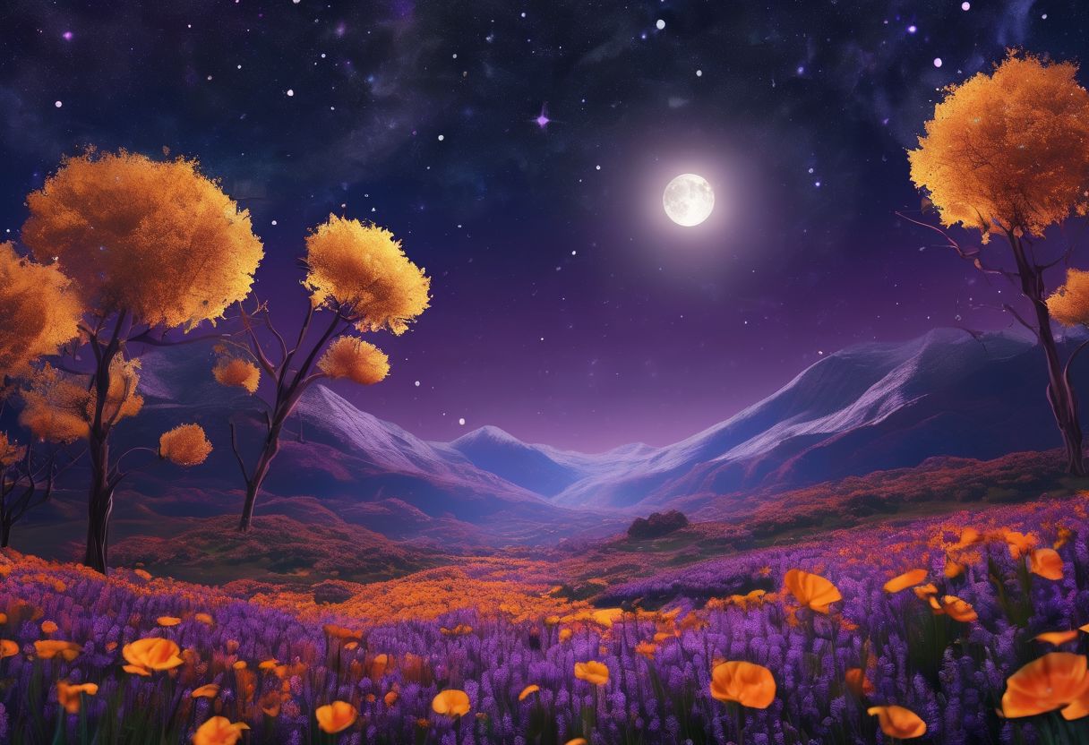 Expansive landscape photograph, (view from below with a view of the sky and the wilderness below),  standing in a flower field looking up, (full moon: 1.2), (shooting star: 0.9), (nebula: 1.3), distant mountain, tree break production art, (warm light source: 1.2), (firefly: 1.2), lamp, purple and orange, intricate detail, volume lighting BREAK (masterpiece: 1.2), (highest quality ), 4k, ultra-detailed,