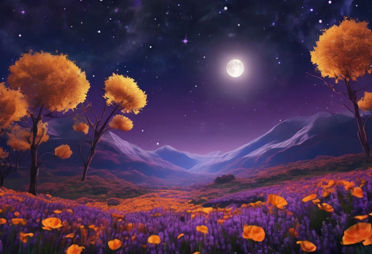 Expansive landscape photograph, (view from below with a view of the sky and the wilderness below),  standing in a flower field looking up, (full moon: 1.2), (shooting star: 0.9), (nebula: 1.3), distant mountain, tree break production art, (warm light source: 1.2), (firefly: 1.2), lamp, purple and orange, intricate detail, volume lighting BREAK (masterpiece: 1.2), (highest quality ), 4k, ultra-detailed,