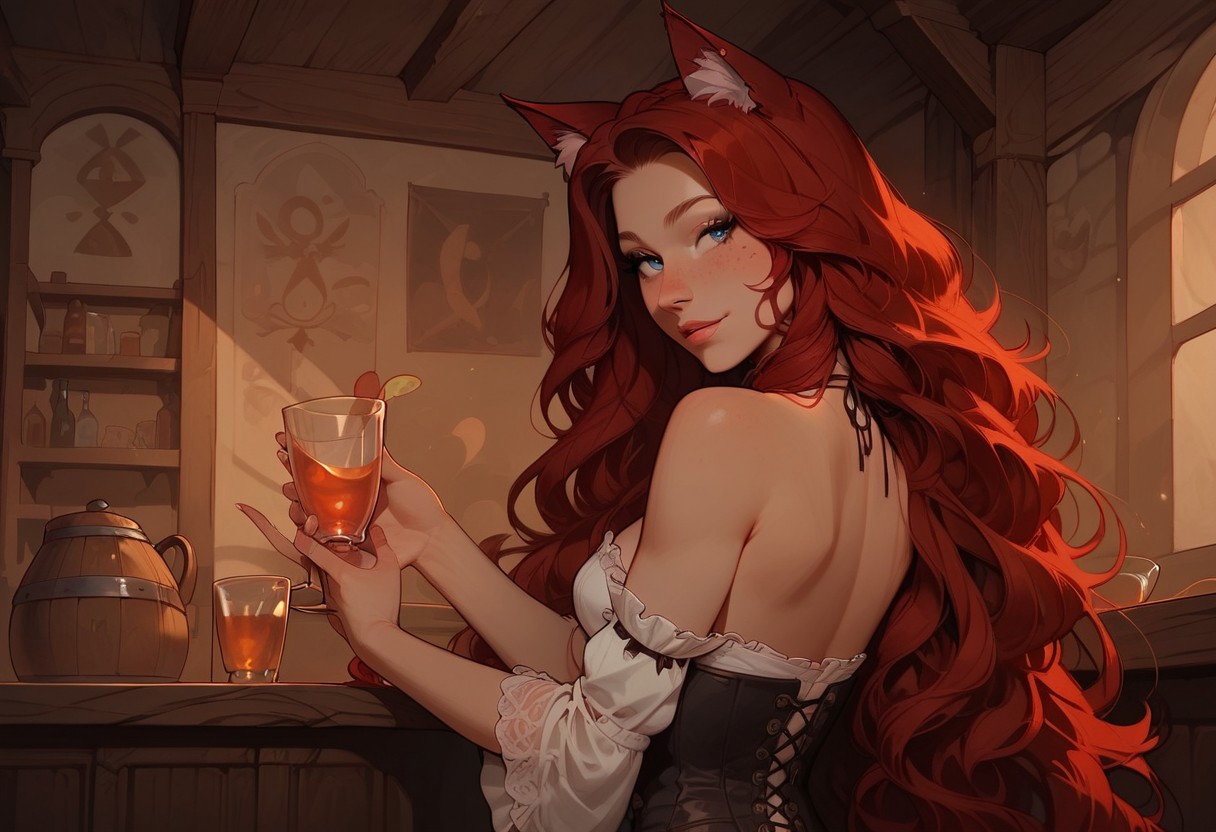 score_9, score_8_up, score_8. score_9, score_8_up, score_7_up, 4k, high quality, (best quality:1.1), BREAK, Ianmae, catgirl, solo, 1girl, red cat ears, petite body, bar wench, tavern wench, carrying a tray of drinks, white chemise, brown underbust corset, skirt, exposed midriff, cute face, very long hair, red hair, dark blue eyes
BREAK fantasy tavern, back view