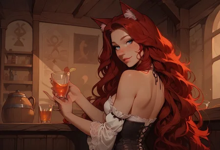 score_9, score_8_up, score_8. score_9, score_8_up, score_7_up, 4k, high quality, (best quality:1.1), BREAK, Ianmae, catgirl, solo, 1girl, red cat ears, petite body, bar wench, tavern wench, carrying a tray of drinks, white chemise, brown underbust corset, skirt, exposed midriff, cute face, very long hair, red hair, dark blue eyes
BREAK fantasy tavern, back view