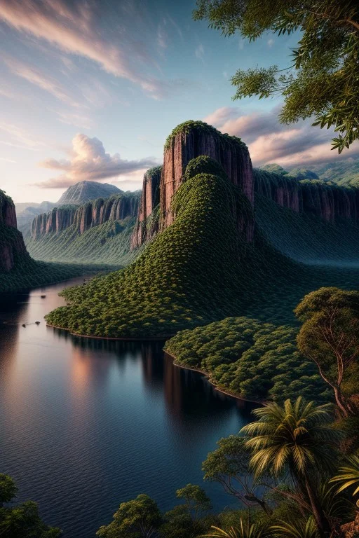 beautiful enchanting landscape, 64k, UHD, jungle, mountains, lake, ((masterpiece, ultimate quality)), sharp focus, beautiful scenery, highres, highly detailed, superrealistic, photorealistic, digital painting, concept art, intricated details, absurdres, epic, highiest texture resolution, detailed scenery, hyperrealistic, cinematic lighting, vivid colors, dynamic angle