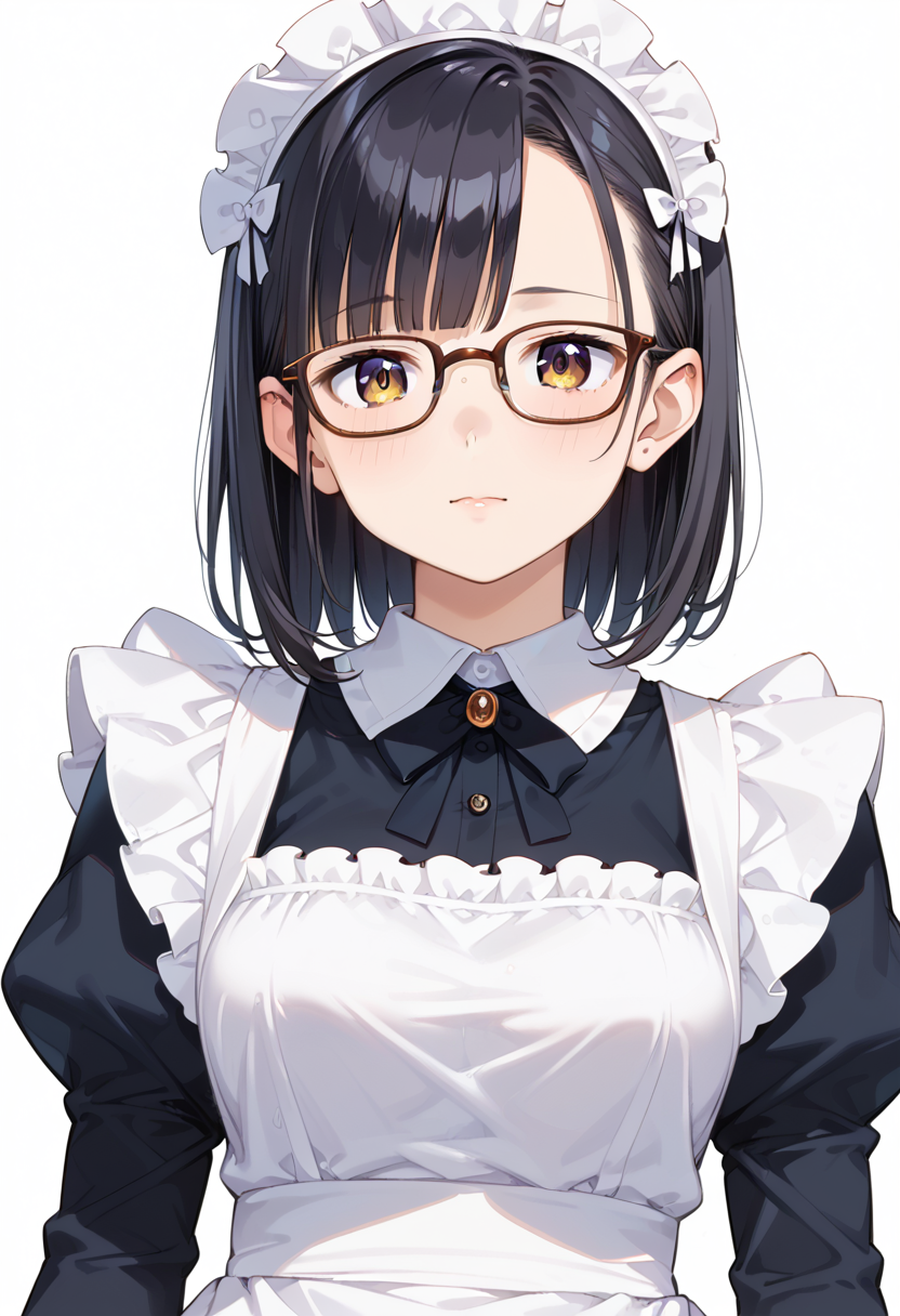 score_9, score_8_up, score_7_up, rating_safe, masterpiece, best quality, absurdres, unity 8k wallpaper, official art, official style, source_anime, uncensored, game cg, megami magazine,
1girl, solo, black hair, medium hair, upper body, covered eyes,maid, maid headdress, black dress, maid apron, face focus,
Wellington24S, glasses, white background, simple background, brown-framed eyewear
 <lora:glasses_Wellington24S_PONY_V1:1>