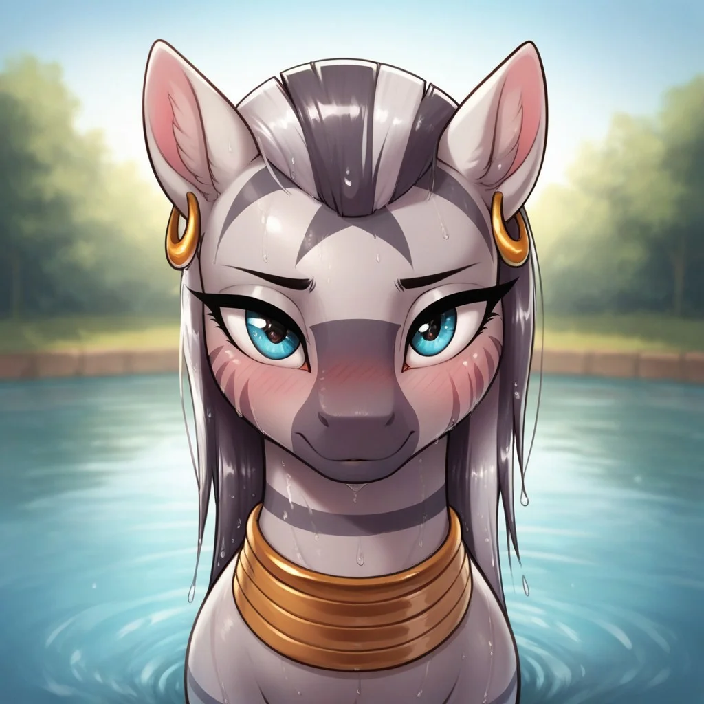 score_9, score_8_up, score_7_up, score_6_up, realistic illustration, dramatic angle, pond, outdoors, close view, 1girl, solo, zecora, feral, pony, tail, shiny skin, standing, seducing, blush, blushing, front view, inviting look, looking at you, medium teats, wet body, wet hair
