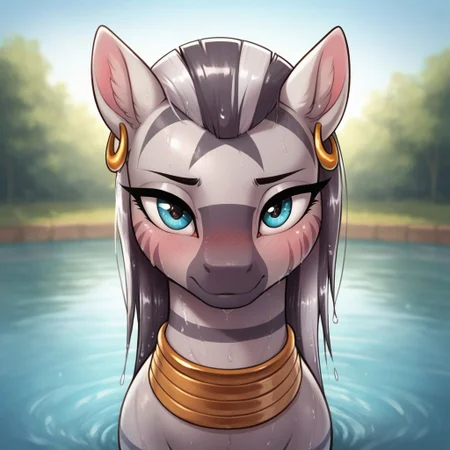 score_9, score_8_up, score_7_up, score_6_up, realistic illustration, dramatic angle, pond, outdoors, close view, 1girl, solo, zecora, feral, pony, tail, shiny skin, standing, seducing, blush, blushing, front view, inviting look, looking at you, medium teats, wet body, wet hair