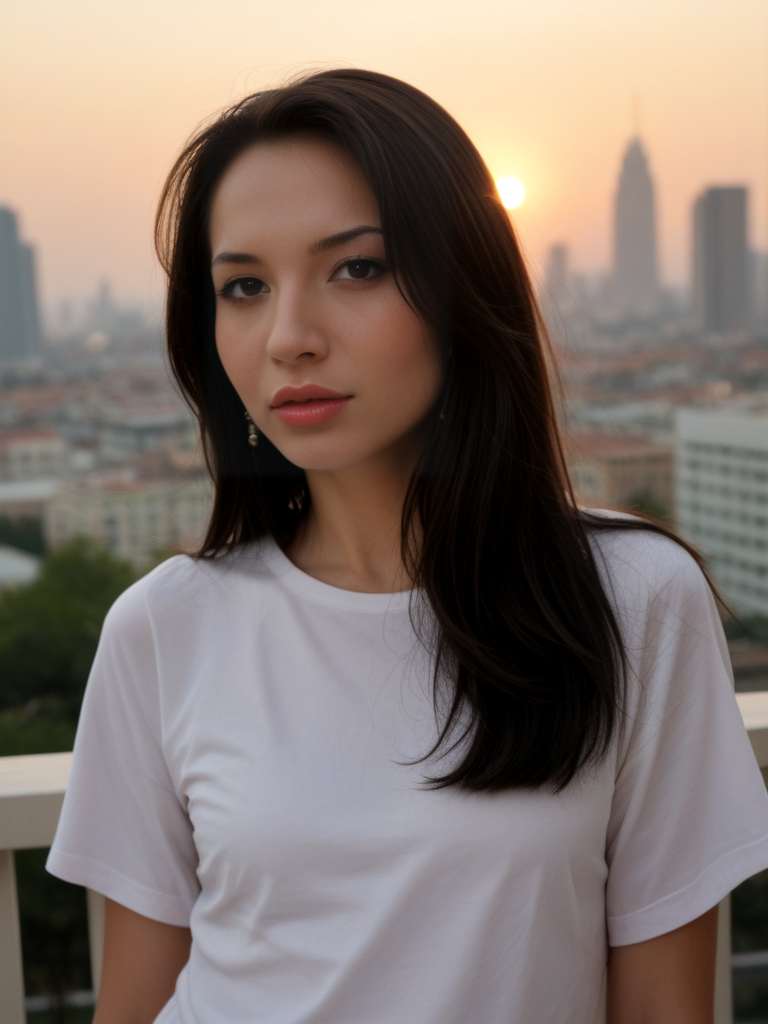 score_9, score_8_up, score_7_up, SabrinaK4mo3i, Sabrina Kamoei, <lora:SabrinaK4mo3i-pony:1>,  cinematic, ultra detailed, portrait, 1girl, makeup, lips, long hair, dark hair, big lips, wearing big baggy shirt, cityscape, 1980s, solo, looking at viewer, bokeh, focus, film, velvia, artistic, best quality, photograph, focus, face focused, magic hour, photography, warm light, sunset, movie still,