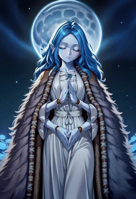 masterpiece, best quality, newest, absurdres, highres, anime, anime style, vintage anime, 90s anime, Dramatic-Moonlight-IL-V1.0, Dramatic light, Moonlight, moon 1girl, ranni_the_witch, extra arms, blue skin, 4 arms,