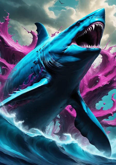 ((masterpiece)), (best quality), official art, ultra detailed,megalodon swiming in the ocean,full body,wallpaper,awardwinning, paintmgc style,blue and magenta paint <lora:paintmgc:1>,cinematic,epic