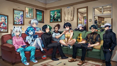 multiple girls, multiple boys, couch, hands on another's shoulders, indoors, nintendo switch,
<lora:JetstreamSam_illusXL_Incrs_v1:1>, JetstreamSam,
shirakami fubuki,
diamond \(houseki no kuni\),
elie macdowell,
felicia \(fire emblem\),
rabbit hole \(vocaloid\),
blue eyes, white hair, short hair, ahoge, messy hair, sheep horns, sheep girl, bowtie,
<lora:doro_xypher_ixl_v1:1>, doro, :3, chibi, no pupils, solid circle eyes, full body, white skin, all fours
<lora:NSMelionPalHairIllu:1>, short hair, bob cut, yellow eyes, NSMelionPalHair, green hair, black hair, white hair, multicolored hair, medium breasts,
black hair, messy hair, blue eyes, sunglasses, circle-frame eyewear, black tunic, thick hair, rimless eyewear, black clothes, brown trim, gold trim, bangs, vest over clothes, black pants,
tusks,green skin,muscular female,blonde hair,short hair,orange eyes,diagonal bangs, fantasy, solo, orc woman
long hair, black hair, ahoge, hair between eyes, single sidelock, low ponytail, heterochromia, black eyes, white eyes,