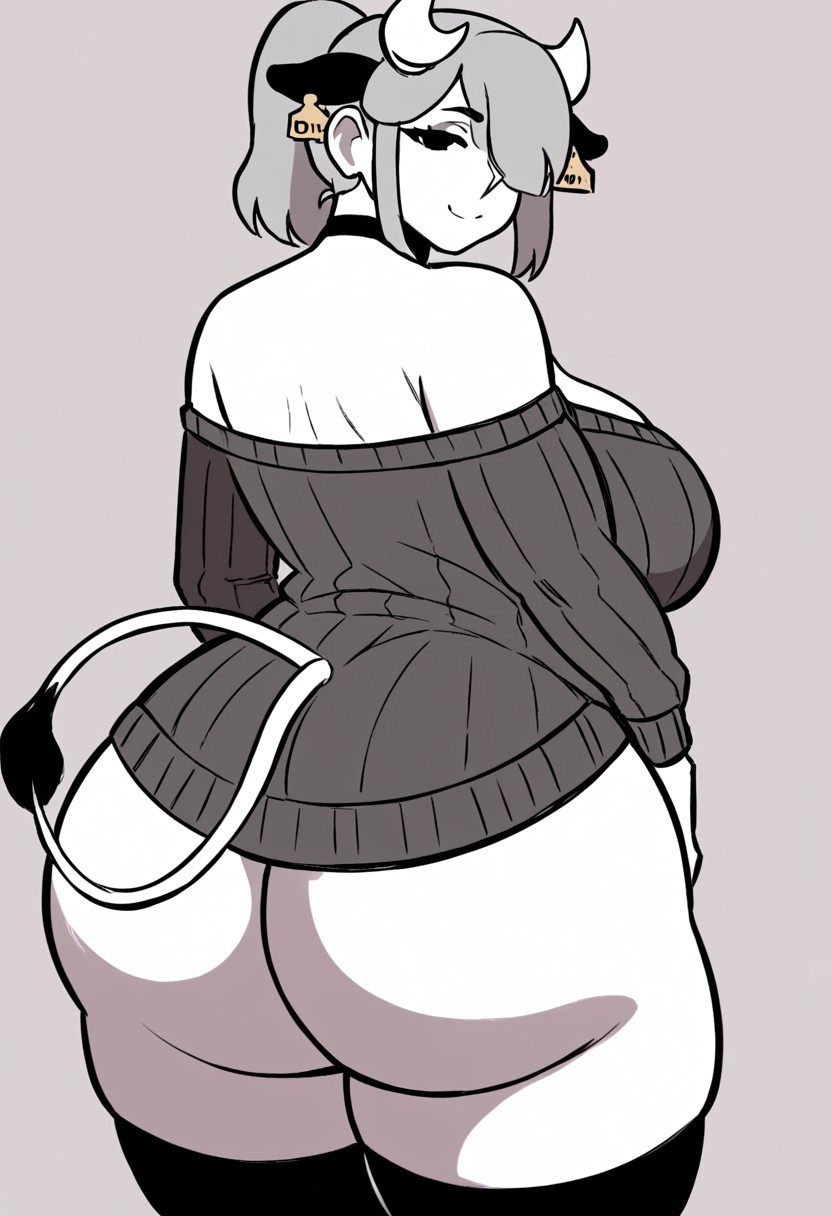 score_9, score_8_up, score_7_up, score_6_up, score_5_up, 1girl, solo, breasts, tail, white horns, cow tail, cow ears, ear tag on cow ear, no human ears, ponytail hair, large_breasts, smile, looking_at_viewer, long_hair, choker, gray off shoulder sweater, curved demon_horns, simple_background, cleavage, bottomless, bare shoulders, closed_mouth, head_tilt, hair over one eye, cowboy_shot, collarbone, black_choker, cowprint_thighhighs, bangs, shirt, standing,, chibi, chubby, bbw, black eyeshadow, half lidded eyes, monochrome, no color, black and white only, pure white skin, gray hair, back view, looking back, huge ass, hyper ass,
