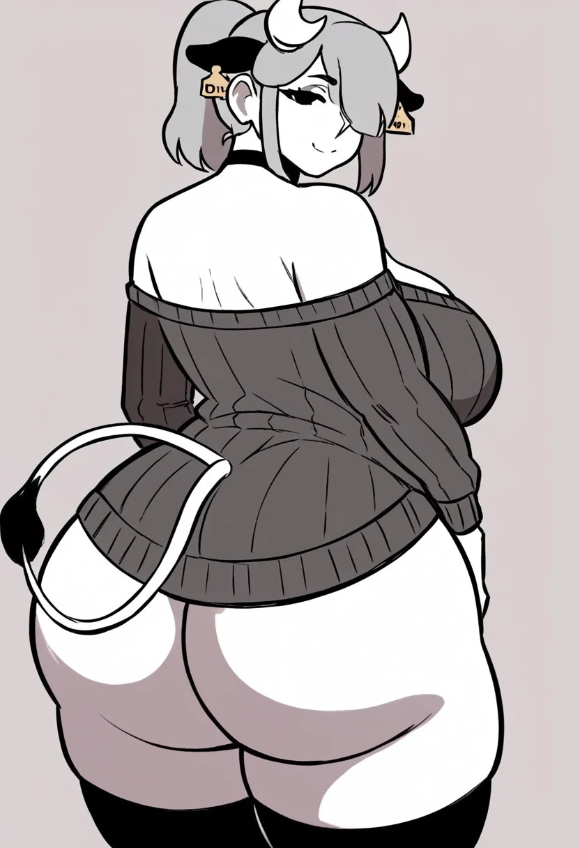 score_9, score_8_up, score_7_up, score_6_up, score_5_up, 1girl, solo, breasts, tail, white horns, cow tail, cow ears, ear tag on cow ear, no human ears, ponytail hair, large_breasts, smile, looking_at_viewer, long_hair, choker, gray off shoulder sweater, curved demon_horns, simple_background, cleavage, bottomless, bare shoulders, closed_mouth, head_tilt, hair over one eye, cowboy_shot, collarbone, black_choker, cowprint_thighhighs, bangs, shirt, standing,, chibi, chubby, bbw, black eyeshadow, half lidded eyes, monochrome, no color, black and white only, pure white skin, gray hair, back view, looking back, huge ass, hyper ass,