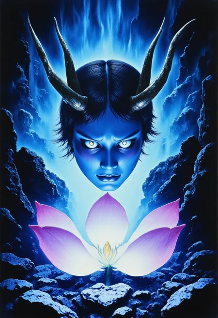 ArsMovieStill, movie still from a 1970s horror movie Studio Ghibli Dark Fairytale depicting a cursed hannya mask with horns and fangs blooming out of a blue lotus in a liminal bonsai garden with eerie radiating cyan and magenta miasma