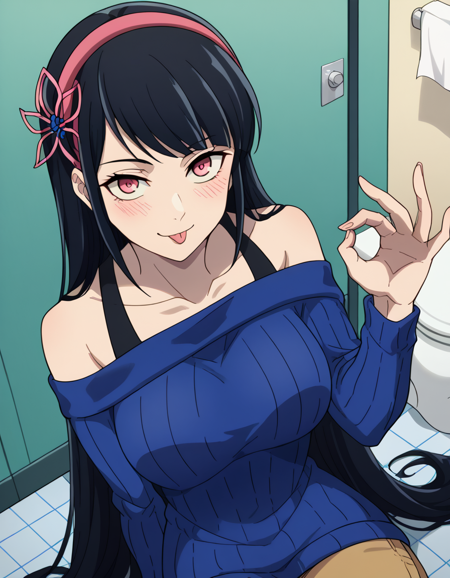 score_9, score_8_up, score_7_up, source_anime, <lora:yihwa-yeon-s2-ponyxl-lora-nochekaiser:1>, yihwa yeon, long hair, bangs, black hair, hair ornament, pink eyes, very long hair, hairband, large breasts,, long sleeves, bare shoulders, collarbone, off shoulder, sweater, butterfly hair ornament, off-shoulder sweater, toilet stall, privacy, tiles, toilet paper, door, smile, <lora:money-gesture-ponyxl-lora-nochekaiser:1>, money gesture, blush, sitting, couch, arm support, smile, tongue out, knee up, from above, looking at viewer, solo,, dutch angle, cowboy shot