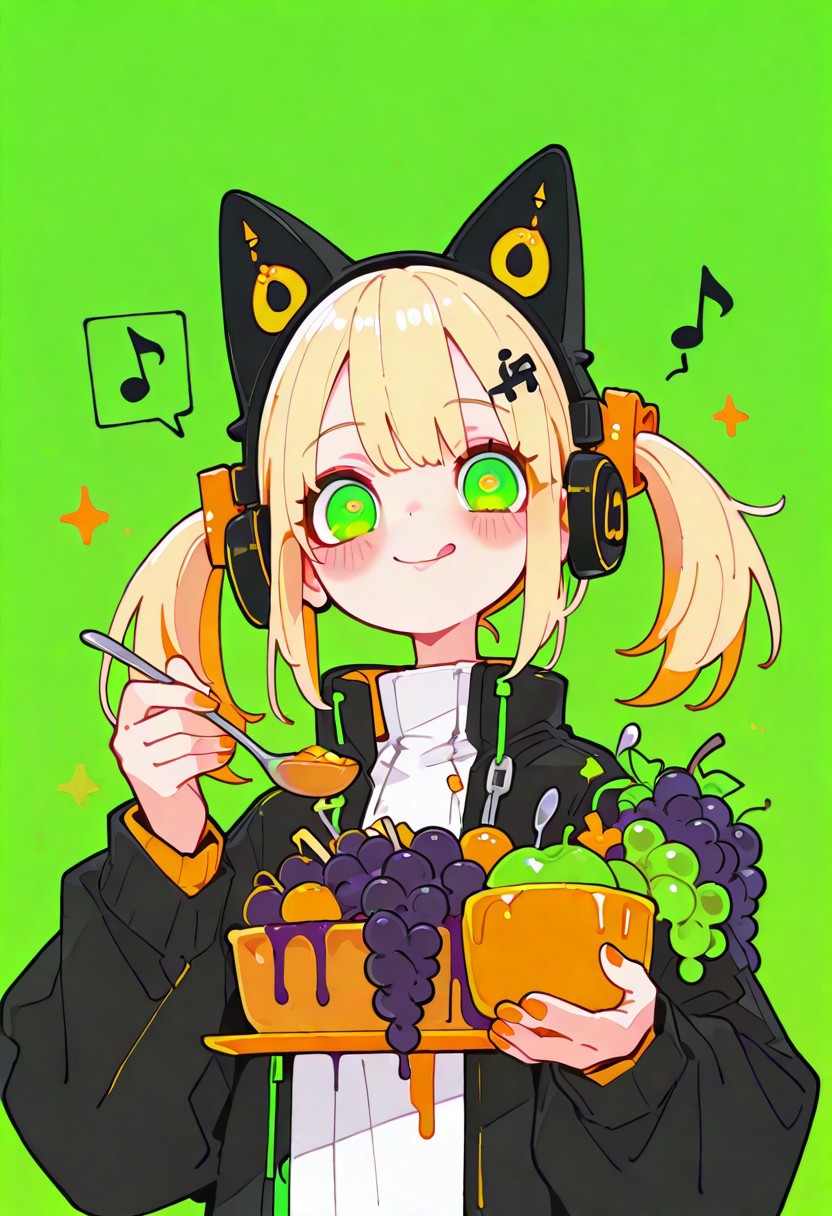 masterpiece, best quality, good quality, newest, highres, absurdres, 1girl, blush, smile, blonde hair, long sleeves, hair ornament, holding, animal ears, closed mouth, twintails, green eyes, jacket, food, tongue, tongue out, nail polish, open jacket, fake animal ears, fruit, headphones, musical note, green background, spoon, eighth note, holding spoon, green theme, spoken musical note, grapes, animal ear headphones, cat ear headphones, orange nails,big eyes, xxx667_illu, glowing, tfaix, haiz_ai, no lineart,no outline, H4ru_illu