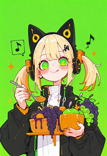 masterpiece, best quality, good quality, newest, highres, absurdres, 1girl, blush, smile, blonde hair, long sleeves, hair ornament, holding, animal ears, closed mouth, twintails, green eyes, jacket, food, tongue, tongue out, nail polish, open jacket, fake animal ears, fruit, headphones, musical note, green background, spoon, eighth note, holding spoon, green theme, spoken musical note, grapes, animal ear headphones, cat ear headphones, orange nails,big eyes, xxx667_illu, glowing, tfaix, haiz_ai, no lineart,no outline, H4ru_illu