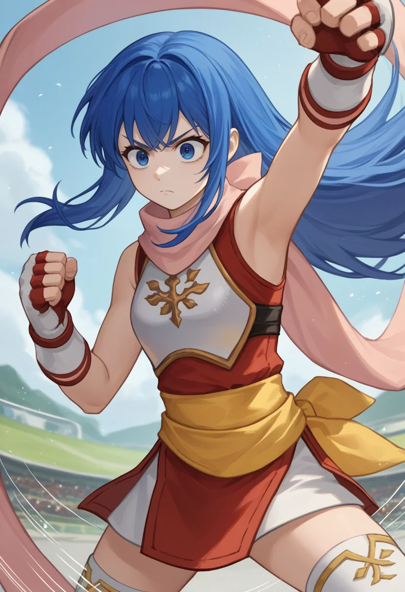 score_9, score_8_up, score_7_up, source_anime BREAK 1girl, solo, <lora:caeda-fe-richy-v1_pdxl:1> caedaprc, blue eyes, blue hair, long hair, bangs, pink scarf, red shirt, breastplate, sleeveless, white gloves, fingerless gloves, yellow sash, white thighhighs , wide eyes, serious, arm up, armpits, standing, fighting stance, action pose, motion lines