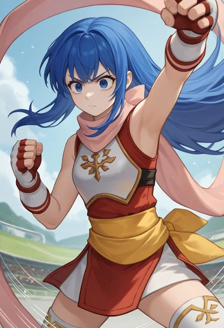 score_9, score_8_up, score_7_up, source_anime BREAK 1girl, solo, <lora:caeda-fe-richy-v1_pdxl:1> caedaprc, blue eyes, blue hair, long hair, bangs, pink scarf, red shirt, breastplate, sleeveless, white gloves, fingerless gloves, yellow sash, white thighhighs , wide eyes, serious, arm up, armpits, standing, fighting stance, action pose, motion lines
