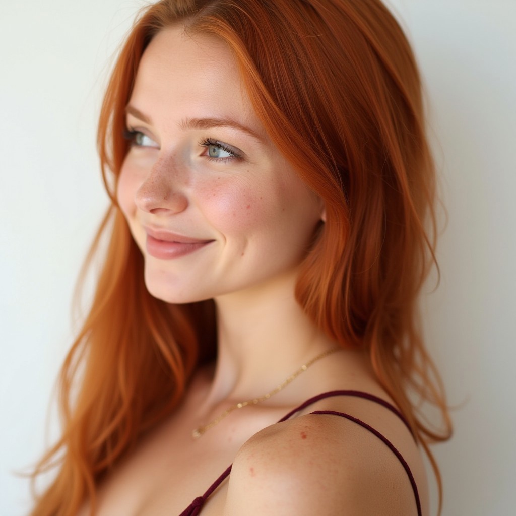 A close-up bust photograph of a 19-year-old, redhead model named cassie. Cassie is looking away from the camera and the photograph features the side profile of her face and shoulders. Cassie has a cute smile with soft blue eyes and straight red-orange hair. She has light freckles and we'll shaped lips. Cassie has a thick and curvy build. She has light freckles on her face. The photo is well lit and the subject is in front of a white background.