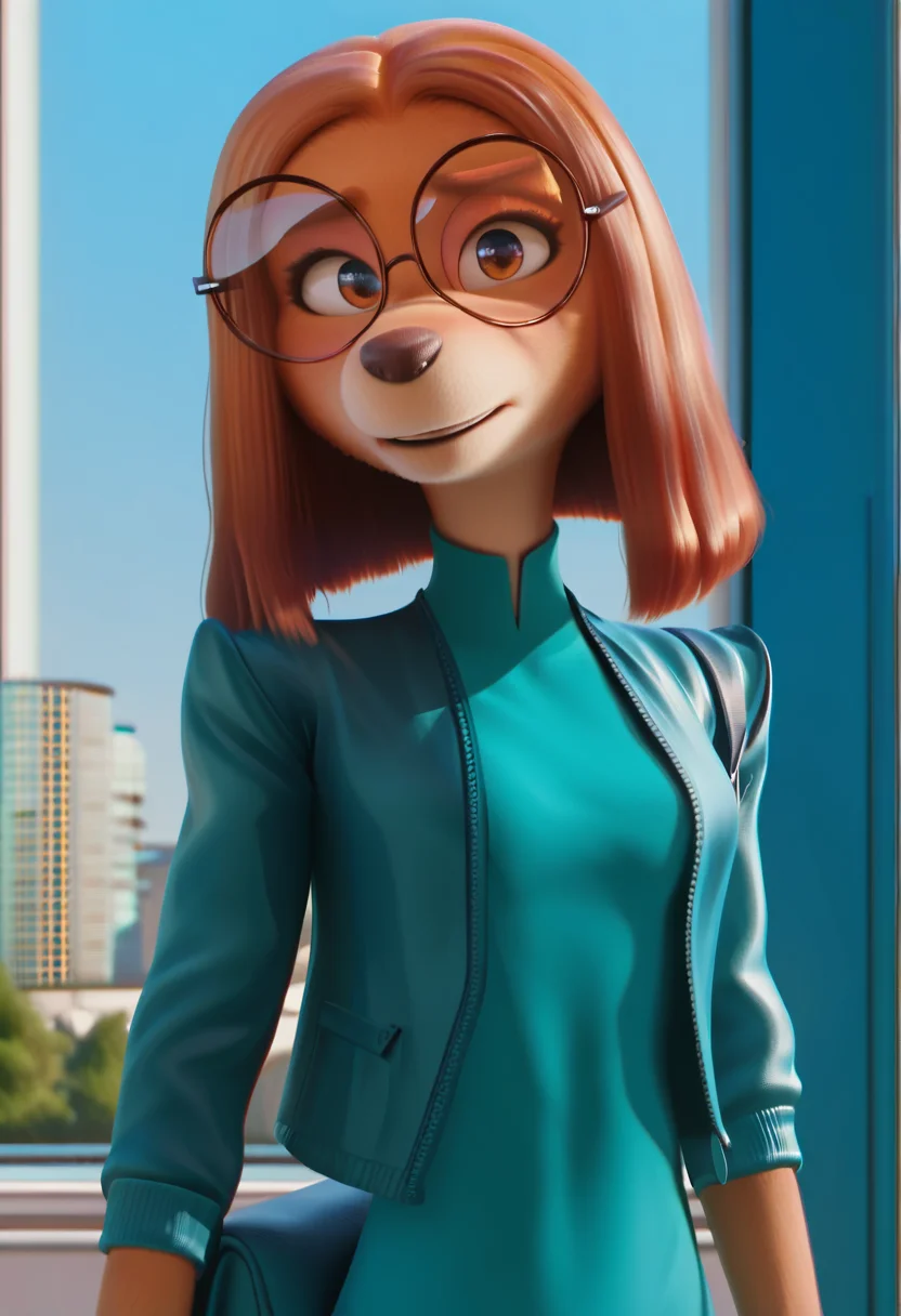 zPDXL, score_9,score_8_up,score_7_up,_up, best quality, amazing quality, masterpiece, 1girl, looking at viewer, solo, fullbody, cute, blush, suki lane, <lora:SukiLane-03:0.8> , dog girl, animal ears, animal nose, brown eyes, brown hair, brown fur, teal dress, teal jacket, round eyewear, brown boots, blue sky,city, park, skyline, contour_deepening,depth of field, huge filesize,wallpaper,background,(flat color),<lora:burgerkiss-03:1>, burgerkiss