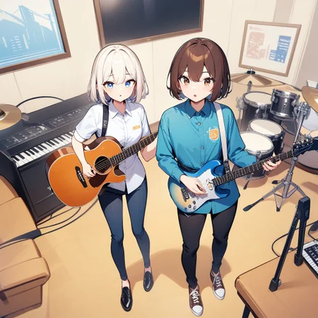 masterpiece, best quality, very aesthetic, absurdres, long hair, looking at viewer, short hair, bangs, blue eyes, multiple girls, blonde hair, brown hair, shirt, long sleeves, holding, 2girls, hair between eyes, brown eyes, sitting, standing, jacket, white shirt, white hair, short sleeves, parted lips, multiple boys, shoes, collared shirt, pants, indoors, 2boys, black footwear, black shirt, chair, brown footwear, arms behind back, black pants, crossed legs, blue shirt, denim, instrument, couch, jeans, blue pants, guitar, playing instrument, holding instrument, electric guitar, drum, keyboard \(instrument\)(simple retro design, logo, manga style, 2tone),