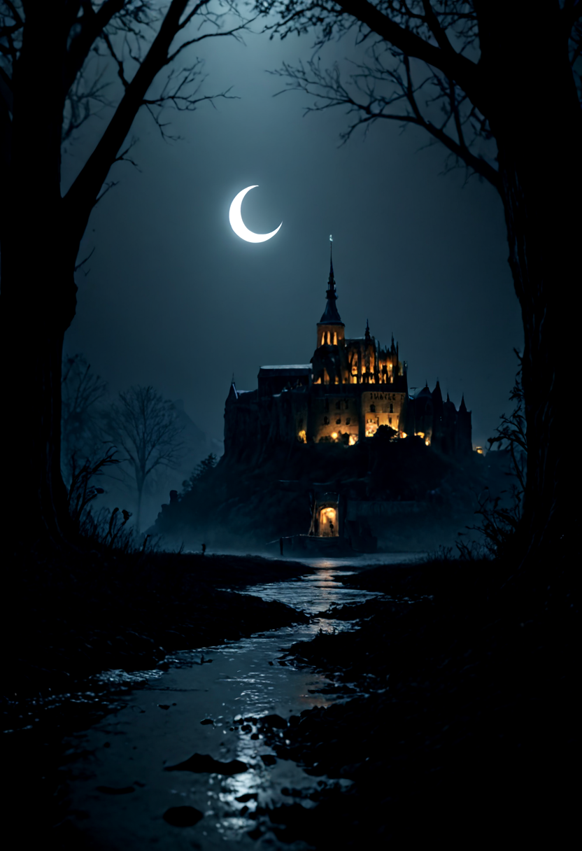 score_9, score_8_up, score_7_up, BREAK, rating_safe, 
horror \(theme\), night, 
castle, ghoul, creature, swamp, crescent pin, 
dramatic lighting, very detailed, realistic, highly detailed, dramatic shadows, depth of field,
<lora:sdxl_lightning_4step_lora:1>,
<lora:add-detail-xl:1>,
<lora:MONT_ST_MICHEL_V1_PDXL-000006:0.8>