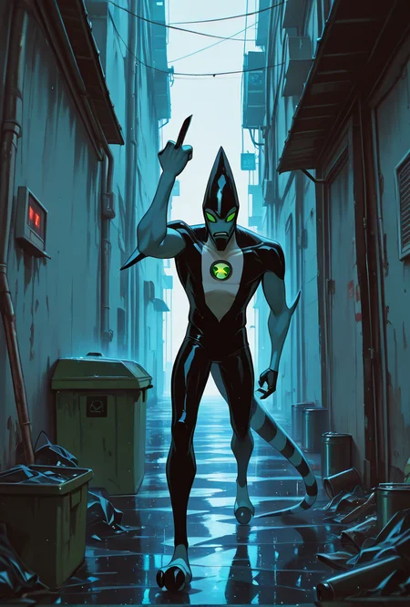 <lora:xlr8-08:1> xlr8, solo, green eyes, blue skin, black lips, stripped tail, 1boy, black mouth strip,, detailed background, black claws, <lora:NeoNoir:1> n30n01r, glowing, cctv footage, back alley, looking at camera, middle finger, brat, cctv quality, flash photography, raining, trash, grabgae cans, dumpster, masterpiece, best quality, amazing quality, very aesthetic, absurdres, newest,