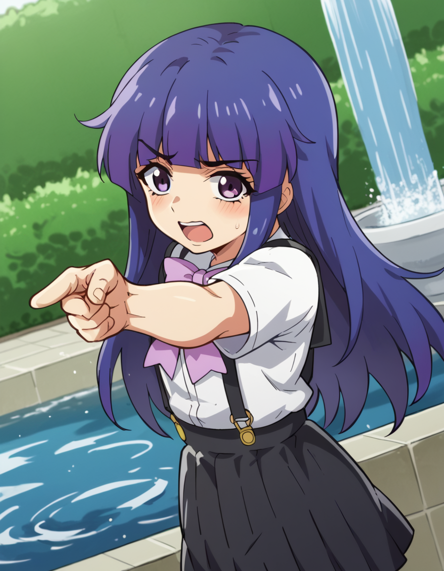 score_9, score_8_up, score_7_up, source_anime, <lora:rika-furude-s4-ponyxl-lora-nochekaiser:1>, rika furude, long hair, bangs, blue hair, purple eyes, blunt bangs, purple hair,, skirt, shirt, bow, school uniform, white shirt, short sleeves, pleated skirt, bowtie, black skirt, suspenders, pink bow, suspender skirt,, fountain, water, spray, sculpture, garden, , <lora:jotaro-kujo-pose-ponyxl-lora-nochekaiser:1>, jotaro kujo pose, kujo jotaro's pose (jojo), jojo pose, pointing, pointing at viewer, blush, open mouth, bed room,, cowboy shot, looking at viewer, solo,, dutch angle, cowboy shot