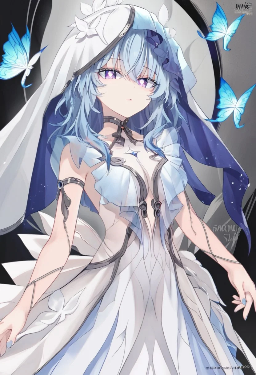 the_shorekeeper, blue_butterfly, blue_hair, blue_nails, iamond-shaped_pupils, diamond_(shape), dress, hair_between_eyes, logo long_hair, purple_eyes, purple_pupils, sidelocks, solo symbol-shaped_pupils, white_dress, white_veil,