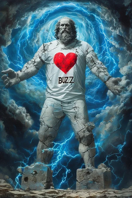 A breathtaking and awe-inspiring depiction of a colossal stone statue of Zeus, the king of the gods, rendered in the style of a Symbolist painting with influences of Gustave Moreau and Odilon Redon. Zeus stands tall and powerful, his weathered stone form radiating ancient strength and divine authority. Cracks spiderweb across his body, glowing with an electric blue energy that hints at the immense power contained within. He is clad in a simple white T-shirt emblazoned with a vibrant red heart and the bold text "BUZZ," a striking juxtaposition of timeless power and modern irreverence. His face is a mask of stoic determination, with piercing eyes that seem to gaze into eternity. Forks of blue lightning crackle in his outstretched hands, illuminating his form and casting dramatic shadows across his weathered features. The background is a swirling vortex of storm clouds and vibrant blue lightning bolts, conveying the raw power of the heavens and creating a sense of divine fury. The lighting is dramatic and ethereal, enhancing Zeus's imposing presence and creating a sense of otherworldly power. The overall impression is one of electrifying power and unstoppable force, capturing the essence of a powerful deity who commands the elements and transcends time, conveyed through a masterful blend of Symbolism, fantasy, and a touch of surrealism.