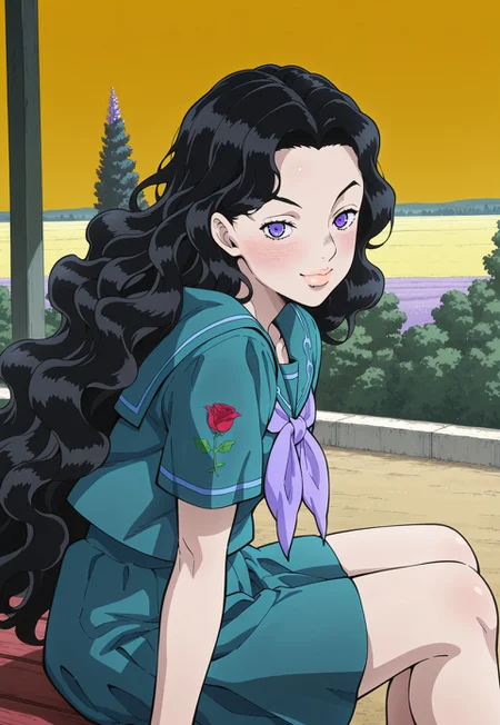 (masterpiece, amazing quality, best quality, highres, ultra-detailed,very aesthetic,best hands, anime coloring,detailed),very aesthetic, illustration, perfect composition, intricate details, absurdres, incredibly absurdres,(((1girl,solo,YukakoYamagishi, Black Hair, Long Hair, Wavy Hair, Purple Eyes, Arched Eyebrows, Lips,Teal Serafuku, Rose Sleeve Imprint, Lavender Bow,perfect face,detailed eyes))),cowboy shot,from side,sitting,knees,looking at viewer,outdoors,yellow sky,trees,smile,blush