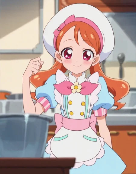 score_9, score_8_up, score_7_up, anime screencap, solo,1girl,usamiichika, smile, hat, pink bow, apron, white headwear, blue dress, puffy sleeves, beret, looking at viewer,cowboy shot,small breasts,blush<lora:usamiichika:0.8>