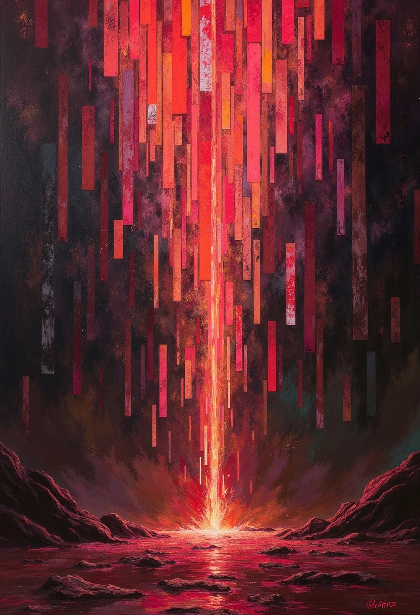 DB4RZ style painting Awful art by Elisabeth Sonrel and Yanjun Cheng, Cascading Reef of luminous rectangles, varying from pixel-thin slivers to massive monoliths, each rectangle emitting Unreal of different intensity and color, arranged in a vertical flow pattern with smaller rectangles clustered at the top, gradually increasing in size towards the bottom, located artistic Full length frame, Cozy, beautiful detailed supreme quality color intricate, original, stunning detail, 1940'S, Symbolist, Celestial female figures, mythological, polished art, Homer and Lisa Exchange Cross Words Grindhouse, Explosive brushwork, Burgundy colors