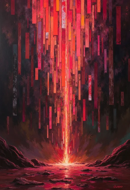 DB4RZ style painting Awful art by Elisabeth Sonrel and Yanjun Cheng, Cascading Reef of luminous rectangles, varying from pixel-thin slivers to massive monoliths, each rectangle emitting Unreal of different intensity and color, arranged in a vertical flow pattern with smaller rectangles clustered at the top, gradually increasing in size towards the bottom, located artistic Full length frame, Cozy, beautiful detailed supreme quality color intricate, original, stunning detail, 1940'S, Symbolist, Celestial female figures, mythological, polished art, Homer and Lisa Exchange Cross Words Grindhouse, Explosive brushwork, Burgundy colors