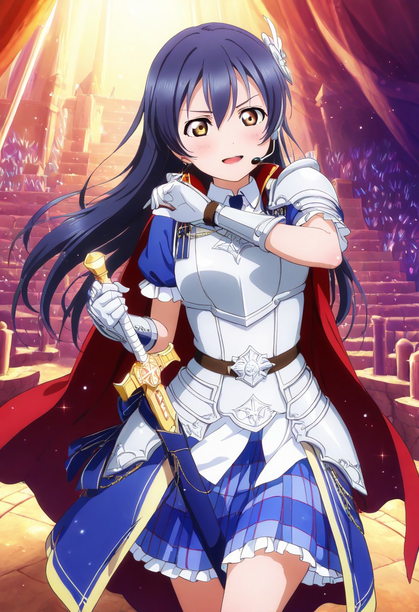 masterpiece, best quality, solo, 1girl, aged up, happy, 
 umi_sonoda, sonoda_umi, long hair, bangs, hair between eyes, blue hair, brown eyes, fantasy knight idol costume, silver and navy armor accents, cape flowing behind her, sword-shaped microphone, mountain peak stage above the clouds, dramatic lighting, heroic stance, courageous and noble aura