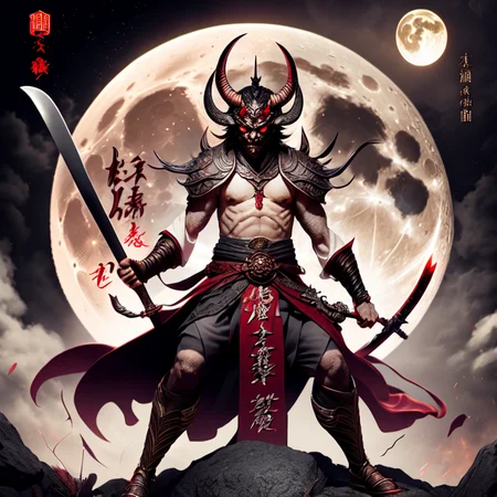 photo, an illustration of a demon holding a sword in front of a full moon (FantasyDaimyo style:1) <lora:djzFantasyDaimyoV21:0.8>