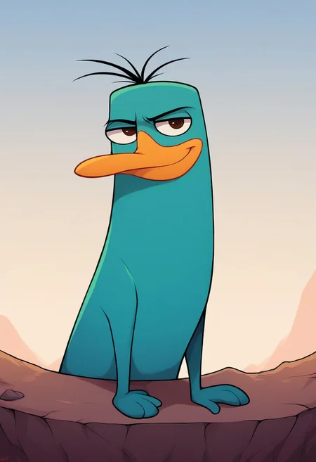 c4toony style, perry_the_platypus, solo, score_9, score_8_up, score_7_up, score_6_up, score_5_up, score_4_up, source_furry, hi res, sfw, 2D artwork.
1boy, solo, perry, teal fur, male furry, fur, duck bill, orange beak, brown eyes, feral, biped, serious expression, smile.
from front, portrait, outdoors, blue sky, looking at viewer