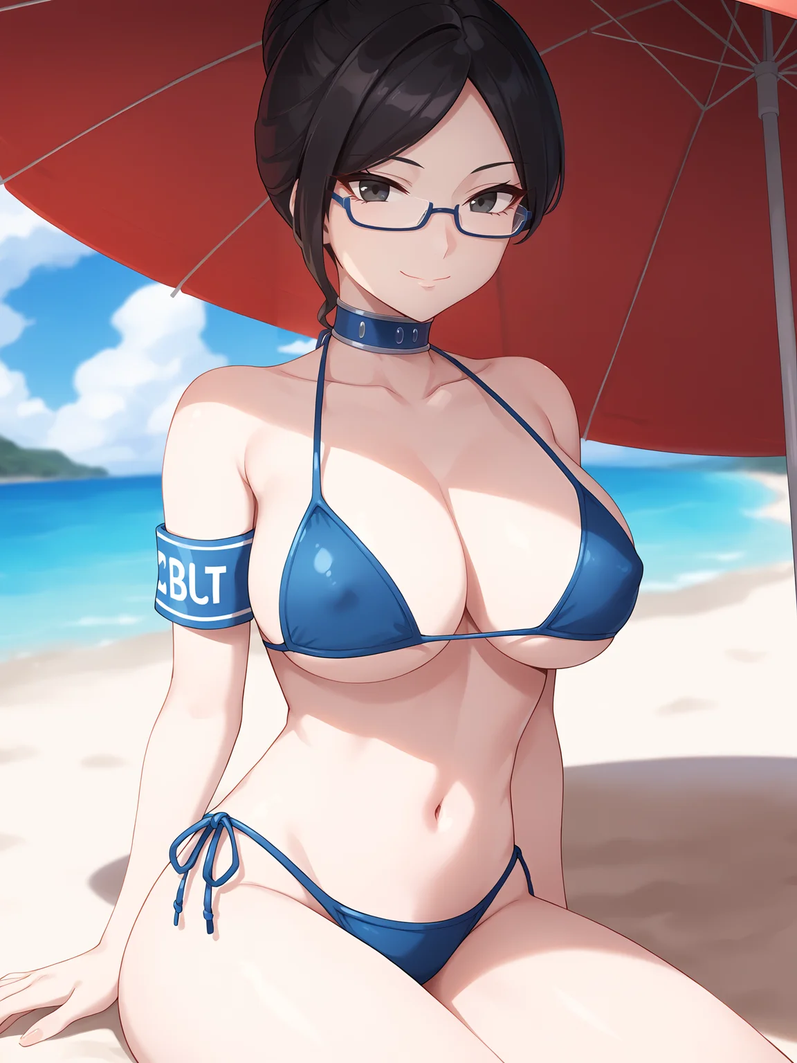 score_9, score_8_up, score_7_up, score_6_up, score_5_up, score_4_up, yurialpha, solo, collarbone, cleavage, large_breasts, covered_nipples, underboob, looking_at_viewer, closed_mouth, light_smile, rimless_eyewear, blue_choker, blue_armband, heart_armband, blue_bikini, string_bikini, blue_panties, string_panties, highleg_panties, panties_bottom, navel, groin, mature_female, sitting, outdoors, shaded_face, blurry_background, cloud, beach, ocean, day, blue_sky, red_umbrella, beach_umbrella, <lora:Alpha_V1SDXL(NEW):0.8>