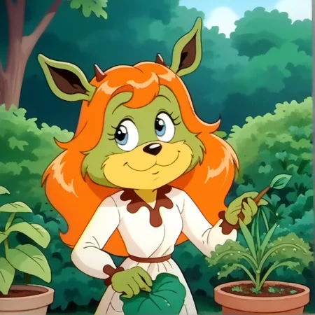 score_9, score_8_up, score_7_up, 1girl, solo, official screencap, amb1, smile, furry, long hair, blue eyes, orange hair, animal ears, horns, two-tone fur, gardening, garden, style parody, traditional media, retro artstyle, <lora:amb1>,